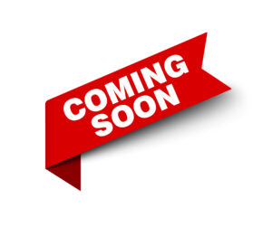 Coming soon red ribbon label banner. Open available now sign or coming soon tag